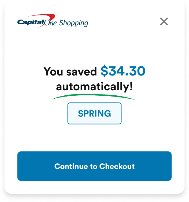 Capital One shopping app showing discount code and savings amount