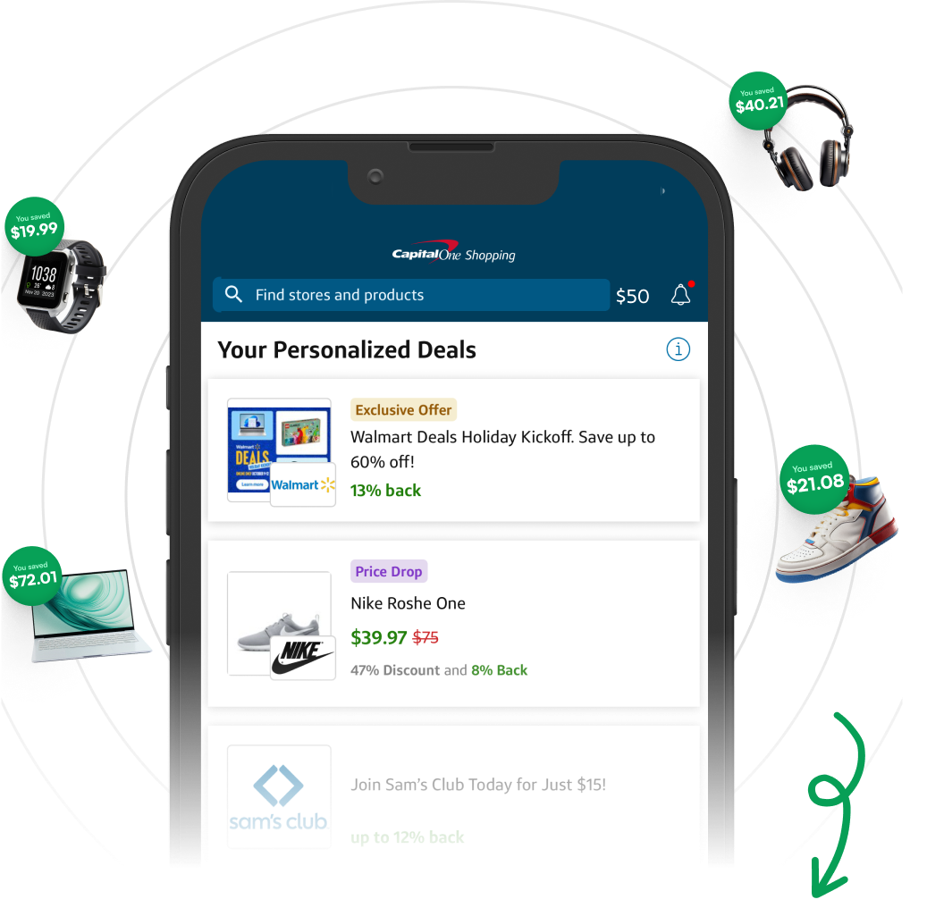 mobile phone with Capital One Shopping App displaying personalized deals